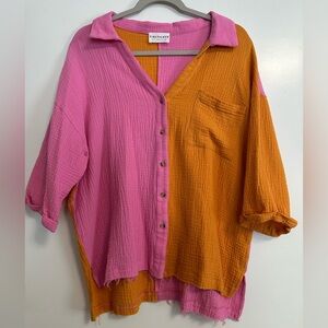 First Love Women’s Button Down Top Pink/Mustard Colorblock Size Large Cotton
